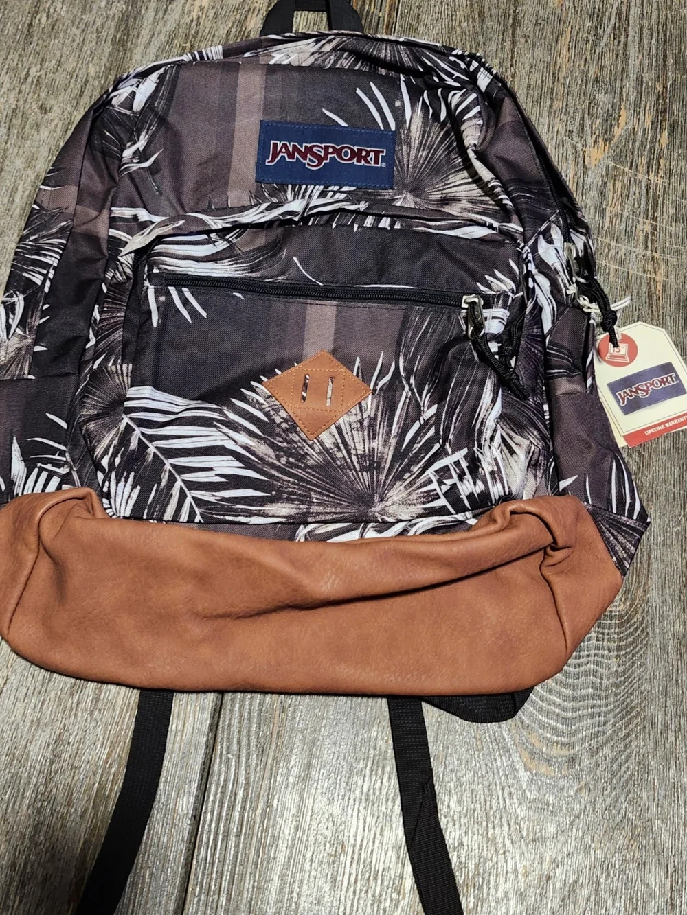 JanSport Black Palm-Print Backpack with Brown Base